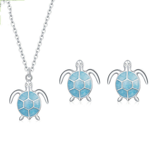 925 Sterling Silver Sea Turtle Jewelry Set – Opal Turtle Necklace & Stud Earrings
