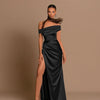 Elegant Off-Shoulder Satin Slit Gown