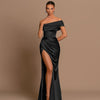 Elegant Off-Shoulder Satin Slit Gown