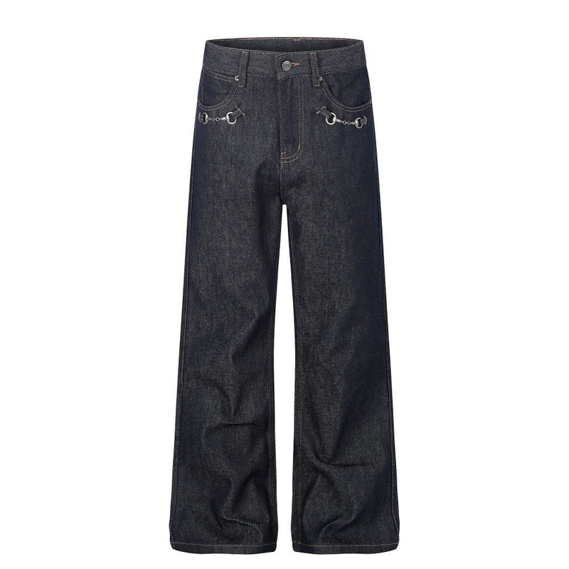 Black Cotton Denim Straight Leg Pants