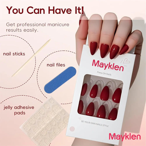 Mayklen Wine Red Stick On Nails - 24 Pcs