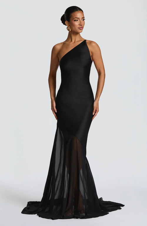 Asymmetric One Shoulder Cross Back Tie Two-Tier Chiffon Satin Mermaid Train Black Wedding Guest Dresses