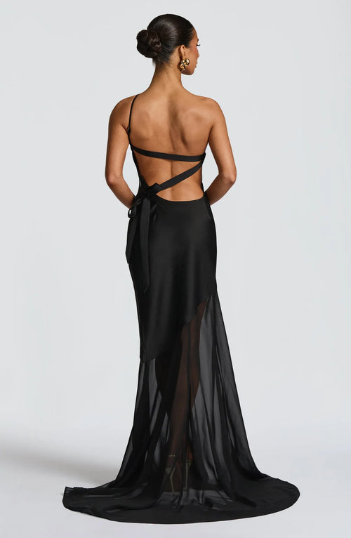 Asymmetric One Shoulder Cross Back Tie Two-Tier Chiffon Satin Mermaid Train Black Wedding Guest Dresses