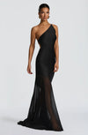 Asymmetric One Shoulder Cross Back Tie Two-Tier Chiffon Satin Mermaid Train Black Wedding Guest Dresses