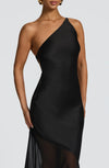 Asymmetric One Shoulder Cross Back Tie Two-Tier Chiffon Satin Mermaid Train Black Wedding Guest Dresses