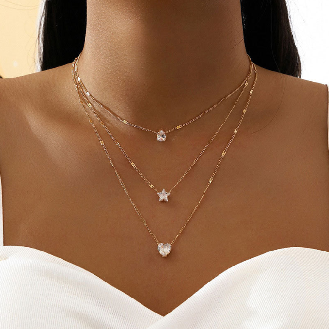 Triple Layer Crystal Necklace for Women | Water Drop, Star & Heart Pendant