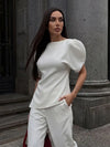 Asymmetrical Hem Blouse Boat Neck