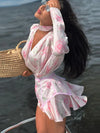 Women Rose Print Dress Puff Long Sleeve Mini Dress Sheer Mesh Ruffle Hem Button Front Fairy Party Short Dresses Summer Wear
