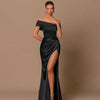 Elegant Off-Shoulder Satin Slit Gown