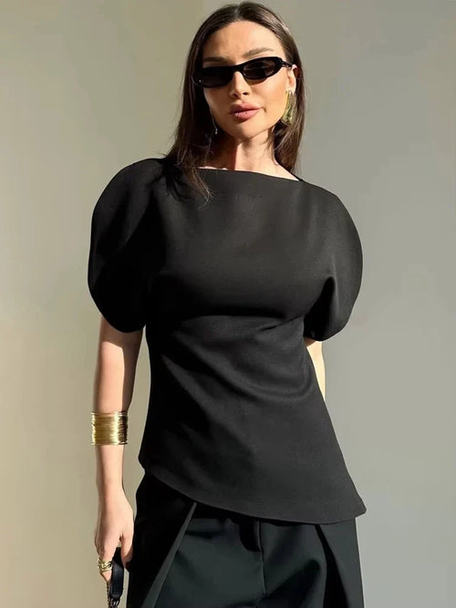 Asymmetrical Hem Blouse Boat Neck