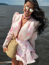 Women Rose Print Dress Puff Long Sleeve Mini Dress Sheer Mesh Ruffle Hem Button Front Fairy Party Short Dresses Summer Wear