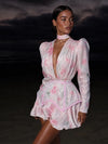 Women Rose Print Dress Puff Long Sleeve Mini Dress Sheer Mesh Ruffle Hem Button Front Fairy Party Short Dresses Summer Wear