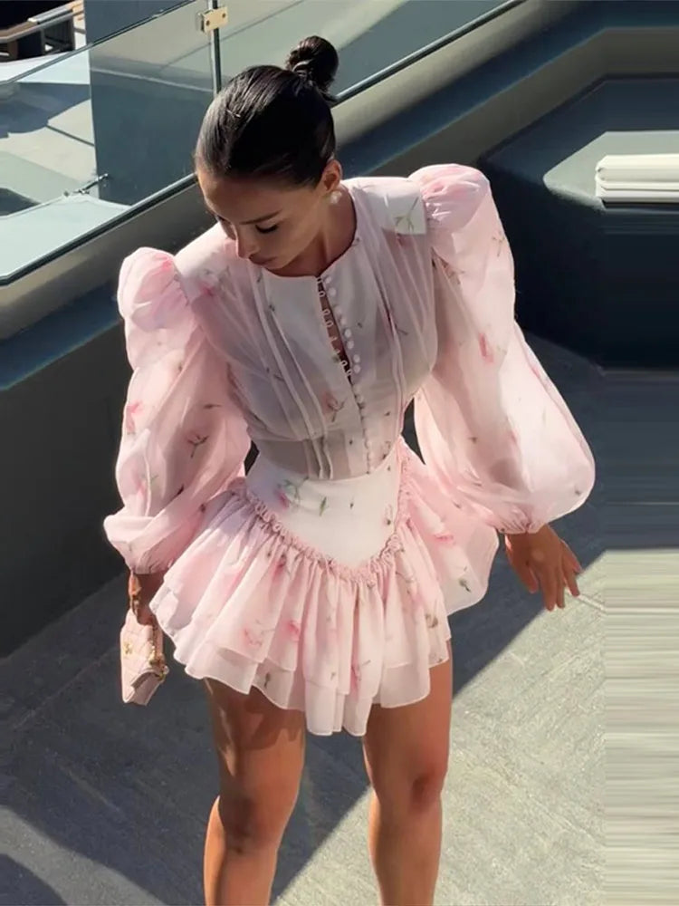 Women Rose Print Dress Puff Long Sleeve Mini Dress Sheer Mesh Ruffle Hem Button Front Fairy Party Short Dresses Summer Wear
