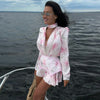 Women Rose Print Dress Puff Long Sleeve Mini Dress Sheer Mesh Ruffle Hem Button Front Fairy Party Short Dresses Summer Wear