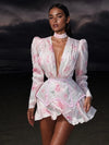 Women Rose Print Dress Puff Long Sleeve Mini Dress Sheer Mesh Ruffle Hem Button Front Fairy Party Short Dresses Summer Wear