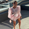 Women Rose Print Dress Puff Long Sleeve Mini Dress Sheer Mesh Ruffle Hem Button Front Fairy Party Short Dresses Summer Wear