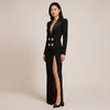 Black Rhinestone Button Blazer Maxi Dress with High Slit for Friday Night Vibes Women
