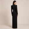Black Rhinestone Button Blazer Maxi Dress with High Slit for Friday Night Vibes Women