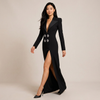 Black Rhinestone Button Blazer Maxi Dress with High Slit for Friday Night Vibes Women