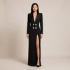 Black Rhinestone Button Blazer Maxi Dress with High Slit for Friday Night Vibes Women