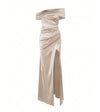 Elegant Off-Shoulder Satin Slit Gown